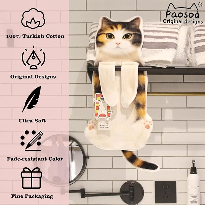 PAOSOD Cat Hand Towels for Bathroom Kitchen - 100% Cotton - Cat Gifts Cute Decorative Cat Decor Hanging Washcloths Face Towels - Cat Gifts for Cat Lovers (F-Calico Cat（100% Cotton）)