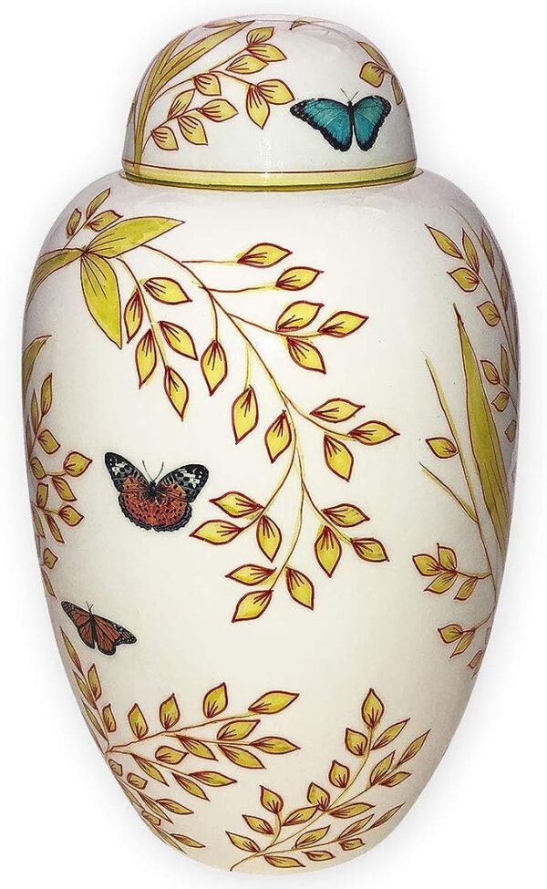 Pet Urn Vase with Garden Butterfly Motif: Beautiful Life Urns Presents a Hand-Painted Memorial Vase Embellished with Butterflies