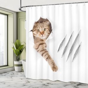 Cat Shower Curtain Playful Kitten in Hole with Claw Scratches - Fabric Bathroom Decor Set with Hooks - White Brown