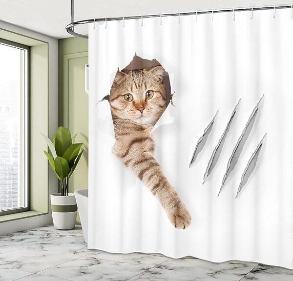 Cat Shower Curtain Playful Kitten in Hole with Claw Scratches - Fabric Bathroom Decor Set with Hooks - White Brown