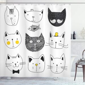 Cat Shower Curtain: Whimsical Cats in Moustache, Bow Tie, Hat, Crown, Fluffy, and Fish Humor Faces - Fabric Bathroom Decor Set with Hooks - Yellow Grey