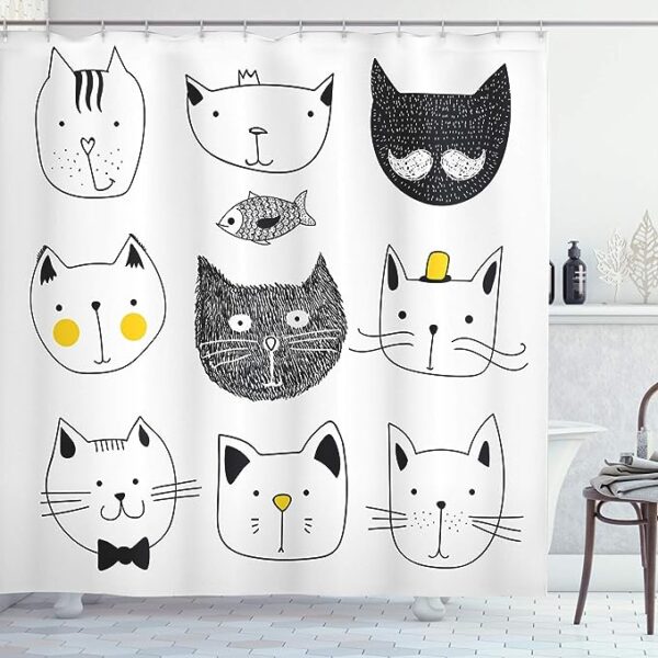 Cat Shower Curtain: Whimsical Cats in Moustache, Bow Tie, Hat, Crown, Fluffy, and Fish Humor Faces - Fabric Bathroom Decor Set with Hooks - Yellow Grey
