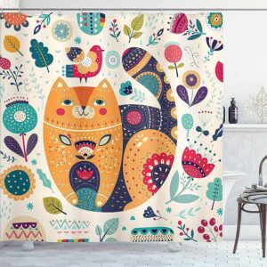 Cat Shower Curtain: Playful Animal Cat in Paisley with Oriental Leaf and Flower Art - Fabric Bathroom Decor Set with Hooks - Eggshell Multicolor