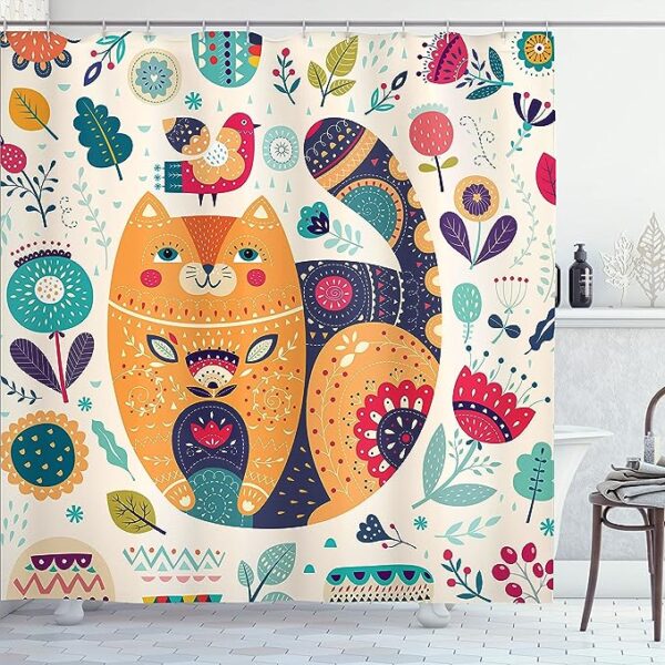 Cat Shower Curtain: Playful Animal Cat in Paisley with Oriental Leaf and Flower Art - Fabric Bathroom Decor Set with Hooks - Eggshell Multicolor