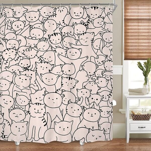 Cat Shower Curtain for Kids: Cartoon Kittens in Black and Pink - Polyester Fabric, Waterproof, 12 Plastic Hooks