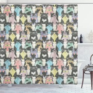 Cat Shower Curtain: Playful Hipster Cats with Glasses - Colorful Dotted Design - Fabric Bathroom Decor Set with Hooks - Ivory Charcoal Grey