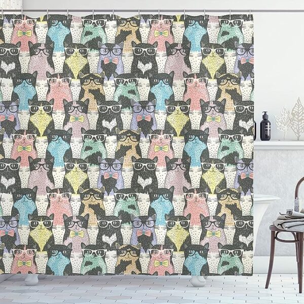 Cat Shower Curtain: Playful Hipster Cats with Glasses - Colorful Dotted Design - Fabric Bathroom Decor Set with Hooks - Ivory Charcoal Grey