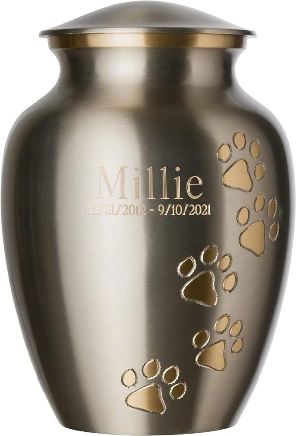 Pet Urn Vase Personalized Engraved Ottillie Paws Elite Series Small Pet Urn (Pewter, Vertical, Brass)