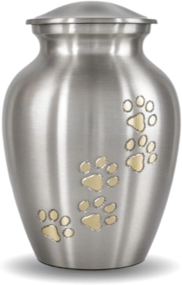 Pet Urn Vase Ottillie Paws Legacy Memorial Pet Cremation Urn for Dogs and Cats - Hand-Carved Brass Keepsake (Pewter, Vertical, Brass, Small)