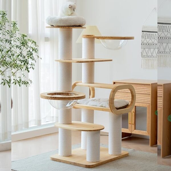 65'' Solid Wood Cat Tree Tower with Sisal-Covered Scratching Posts, Multiple Perches, Hammock, and Cat House