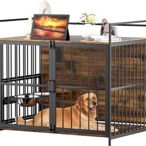 Classic Brown Furniture-Style Large Dog Crate with 360° Adjustable Raised Feeder and 2 Stainless Steel Bowls - End Table Design, Indoor Use wood and metal dog crate