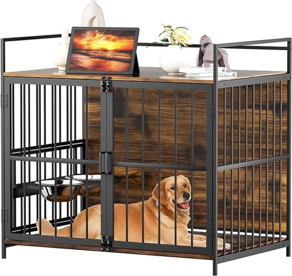 Classic Brown Furniture-Style Large Dog Crate with 360° Adjustable Raised Feeder and 2 Stainless Steel Bowls - End Table Design, Indoor Use wood and metal dog crate
