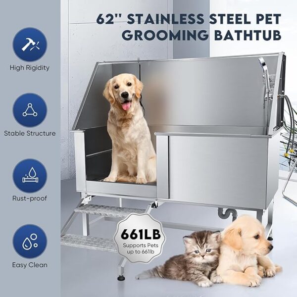 62'' XL Pet Grooming Tub – Professional Stainless Steel Dog Bathing Station for Large Dogs with Foldable Steps, Removable Floor Grate, and Sliding Door