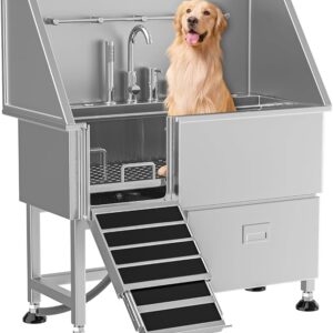 50" Stainless Steel Dog Grooming Tub with Ramp, Storage Drawer, Floor Grate & Faucet - Professional Pet Bathing Station for Large, Medium, & Small Dogs