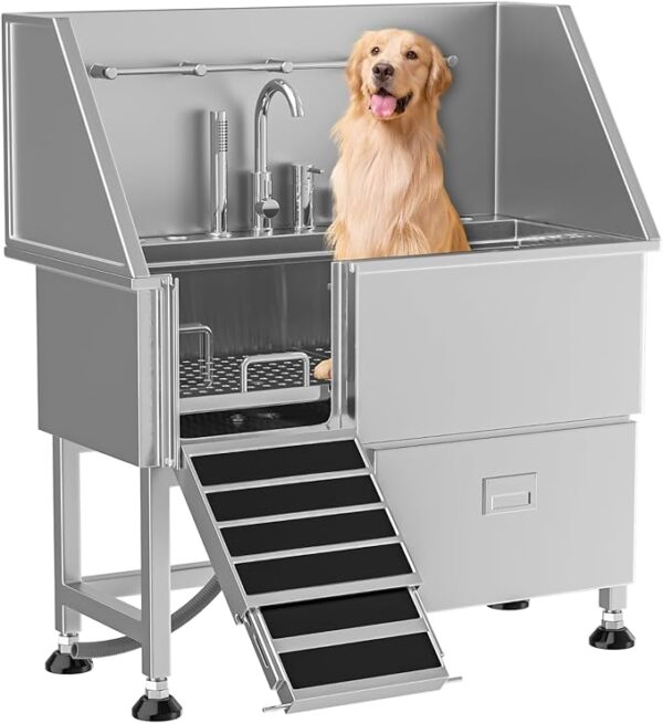 50" Stainless Steel Dog Grooming Tub with Ramp, Storage Drawer, Floor Grate & Faucet - Professional Pet Bathing Station for Large, Medium, & Small Dogs