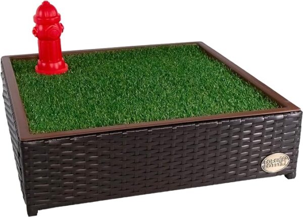 Small Porch Potty Artificial Grass Pad for Dogs - 26x26x7 Reusable Training Pad - Washable with Instant Drainage and Quick Absorption - 2x2 Ft Grass Area dog doing toilet in house