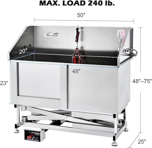 50" Electric Dog Bathing and Grooming Station for Large Dogs – Stainless Steel Pet Bathtub with Electric Lift, Adjustable Height, and Sprayer, 75" Maximum Height