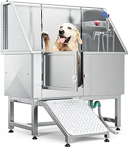 50" Stainless Steel Dog Grooming Tub with Ramp, Floor Grate, and Faucet - Professional Dog Bathing Station for Pets of All Sizes, Left-Door Design, Ideal for Home Use