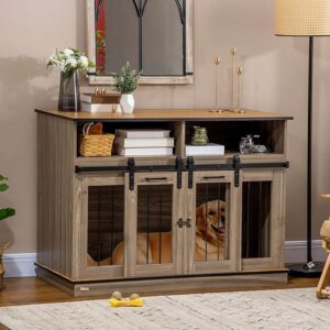 Dual-Purpose Dog Crate Furniture: Large Dog Crate or Double Kennel for Small Dogs with Shelves and Sliding Doors, 47" x 23.5" x 35", Oak Finish dog crate with storage