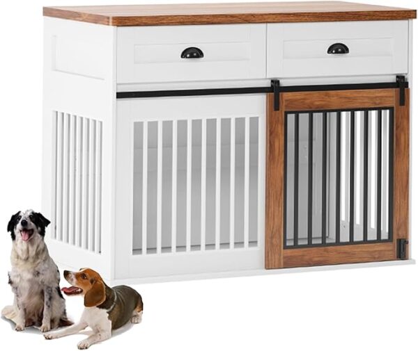Modern Wood Dog Kennel with Storage Drawer – Extra Strong Furniture-Style Crate for Small to Medium Dogs, Indoor Use