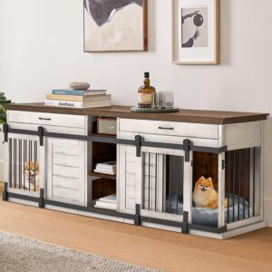 Extra Large Wooden Dog Crate Furniture – 84.6" Heavy-Duty Double Dog Crate Table with Sliding Doors, Drawers, and Storage Cubby for Large Dogs dog crate with storage