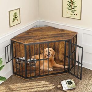 53-Inch Wooden Dog Crate Corner, Indoor Pet Kennel and End Table with Bowl, Space-Saving Design for Small Rooms wood metal dog crate