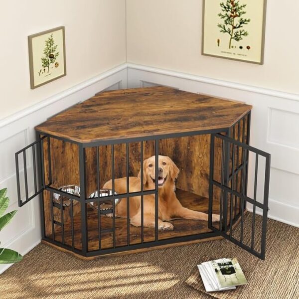 53-Inch Wooden Dog Crate Corner, Indoor Pet Kennel and End Table with Bowl, Space-Saving Design for Small Rooms wood metal dog crate