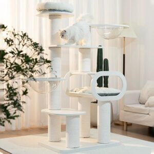 rewrite this title: Cat Tree, 71 Inch Modern Cat Tower for Indoor Cats, Cat Furniture with Luxury Wood Condo,Clear Bowl, Washable Cushions,White (White)