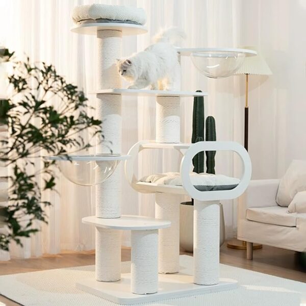 rewrite this title: Cat Tree, 71 Inch Modern Cat Tower for Indoor Cats, Cat Furniture with Luxury Wood Condo,Clear Bowl, Washable Cushions,White (White)