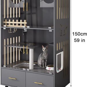 Large Solid Wood Cat Villa with Drawer Litter Box and Built-In Climbing Frame - Spacious Indoor Cat Enclosure (90x60x150cm)