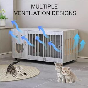 Large Wooden Cat House with Scratching Post and Wheels, Spacious Indoor Cat Enclosure (120x60x114cm)