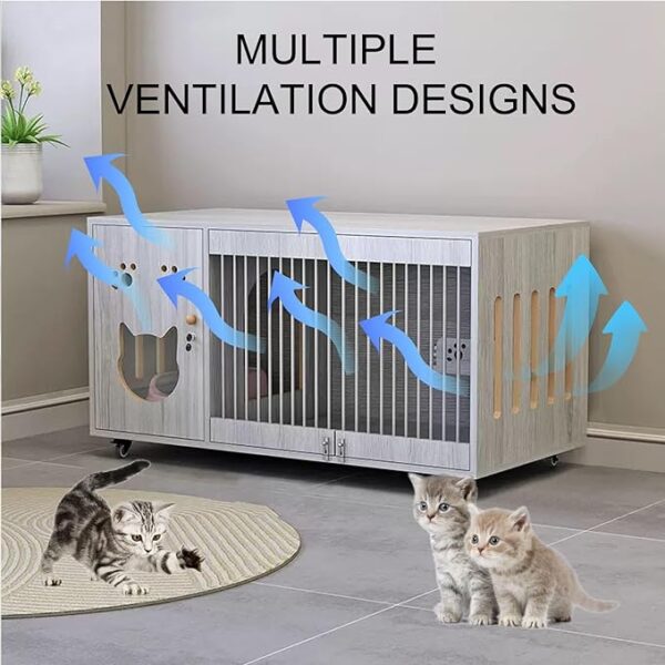 Large Wooden Cat House with Scratching Post and Wheels, Spacious Indoor Cat Enclosure (120x60x114cm)