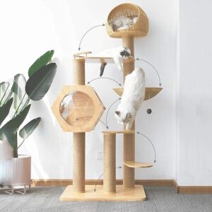 Solid Wood Cat Tree with Sisal Scratching Post, Climbing Frame, and Nesting Villa cat tree tower