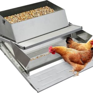 27 LB Large Automatic Chicken Treadle Feeder – Galvanized Steel, Outdoor No-Waste Poultry Feeder for 10 Chickens, Ducks, Bantams, and Pheasants no spill chicken feeder