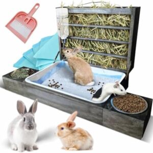 4-in-1 Rabbit Litter Box with Hay Feeder Set - Durable Wood Design Includes Food & Water Bowls, Drinking Bottle, Pee Mats, Dustpan & Brush rabbit wooden hay feeder