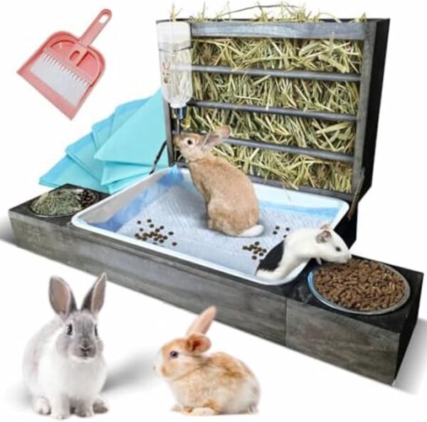 4-in-1 Rabbit Litter Box with Hay Feeder Set - Durable Wood Design Includes Food & Water Bowls, Drinking Bottle, Pee Mats, Dustpan & Brush rabbit wooden hay feeder