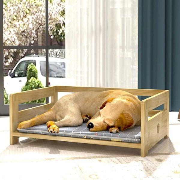 Off-Ground Solid Wood Pet Bed with Cushion – Ideal for Large and Medium Dogs and Cats wooden dog bed