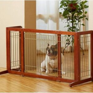 Freestanding Retractable Pet Gate – Solid Wood Dog Gate with 2 Support Feet for Doors, Stairs, and More wooden stair gate for dogs
