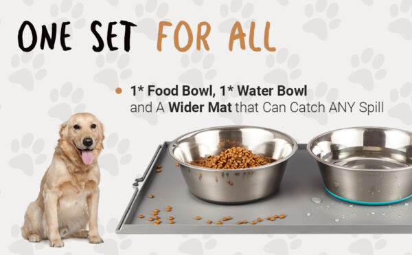 Deep Stainless Steel Dog Bowls with Anti-Slip Silicone Mat – Set of 2 Bowls and 1 Mat, 3-Cup Capacity non slip stainless steel dog bowls