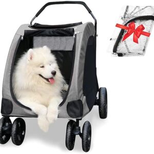 Travel Lite Dog Stroller for Medium to Large Dogs - Foldable 4-Wheel Pet Jogger with Rain Cover and Double Doors dog stroller for older dogs