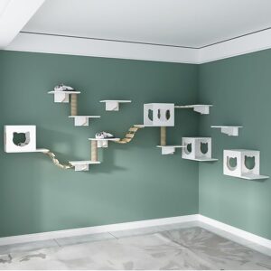 White Solid Wood Wall-Mounted Cat Scratcher and Climbing Shelves - Space Capsule Design with Jumping Platform and Ladder cat condo on wall