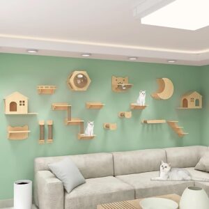 Complete Wall-Mounted Cat Climbing Frame Set: Cat Shelves, Perches, House, Sisal Post Ladder, Steps, and Travel Platform indoor cat play area