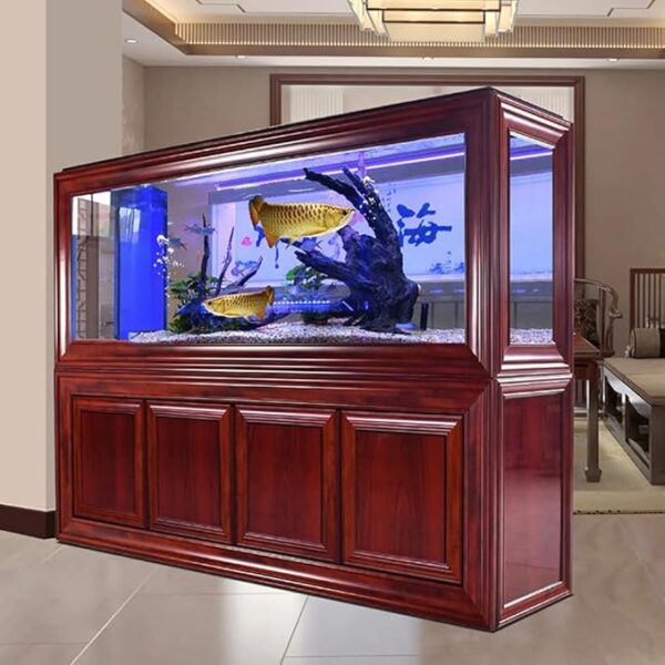 120cm Retro Wooden Aquarium – Luxury Floor-Standing Rectangular Fish Tank with Classic Large Screen, Spiral Silencer Water Pipe, and Vintage Oriental Design long fish tank