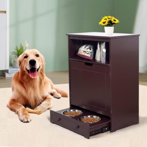 Multi-Level Pet Feeding Station with Dual Removable Stainless Steel Bowls, Generous Storage Cabinet, and Smooth-Gliding Bottom Drawer dog feeding station with storage