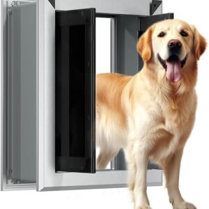 Heavy-Duty Aluminum Wall-Mounted Dog Door with Magnetic Flap and Dual Locking Panels, Fits Large Dogs Up to 120 lbs - Silver heavy duty dog door for wall