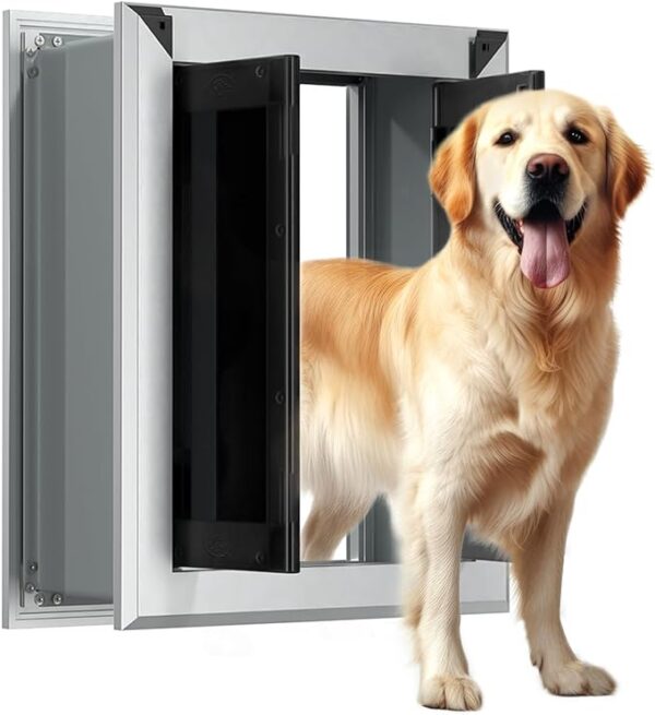 Heavy-Duty Aluminum Wall-Mounted Dog Door with Magnetic Flap and Dual Locking Panels, Fits Large Dogs Up to 120 lbs - Silver heavy duty dog door for wall