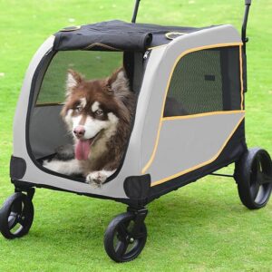 Foldable Dog Stroller for Large Dogs – 4-Wheel Pet Jogger Wagon with Safety Leash, Travel Carrier, and Breathable Design for Up to 132 lbs dog pushchair for large dogs