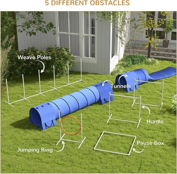 7-Piece Dog Agility Training Kit: Includes Tunnels, Weave Poles, Adjustable Hurdles, Jumping Ring, Pause Box, Whistle dog agility tunnel