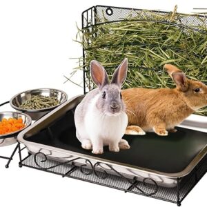 3-in-1 Rabbit Hay Feeder with Litter Box and Bowls – Metal Hay Rack, Bunny Litter Box, and Stainless Steel Feeding Bowls hay rabbit feeder