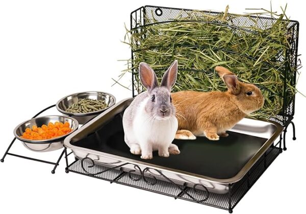 3-in-1 Rabbit Hay Feeder with Litter Box and Bowls – Metal Hay Rack, Bunny Litter Box, and Stainless Steel Feeding Bowls hay rabbit feeder